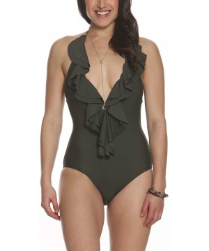 Women's Swimwear Halter Deep V Ruffle One Piece - Olive - CM18KYD8ZA6 $49.93-One-Pieces