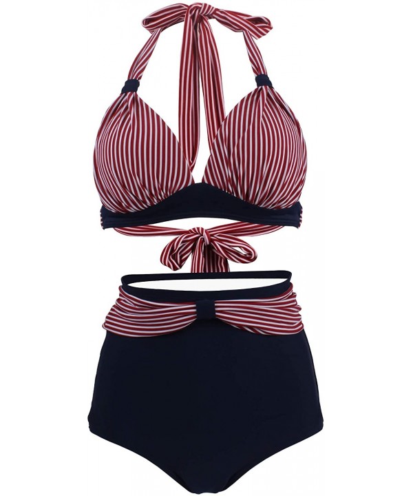 Women's Floral Halter High Waist Bikini Swimsuit Floral Printing Bathing Suits 2 Pieces - 2-red Striped - CZ18TWYISMU $25.91-...