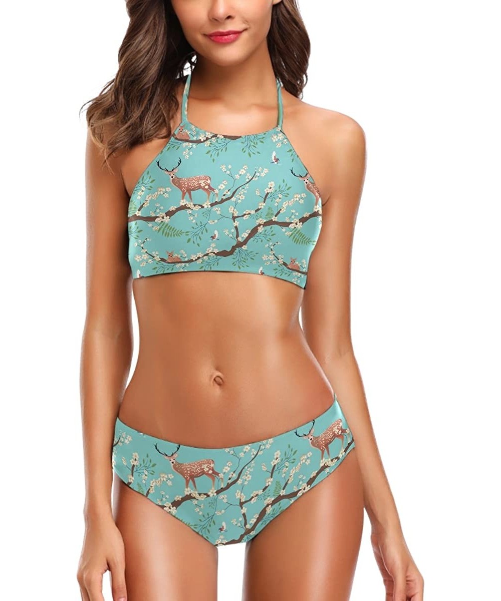 Women's Chic Swimwear Sexy 2 Piece High Waist Halter Bandage Back Padded Swimsuit Bikini Set Turquoise Floral Deer - C318GI88...