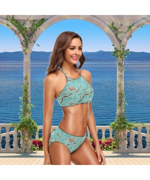 Women's Chic Swimwear Sexy 2 Piece High Waist Halter Bandage Back Padded Swimsuit Bikini Set Turquoise Floral Deer - C318GI88...