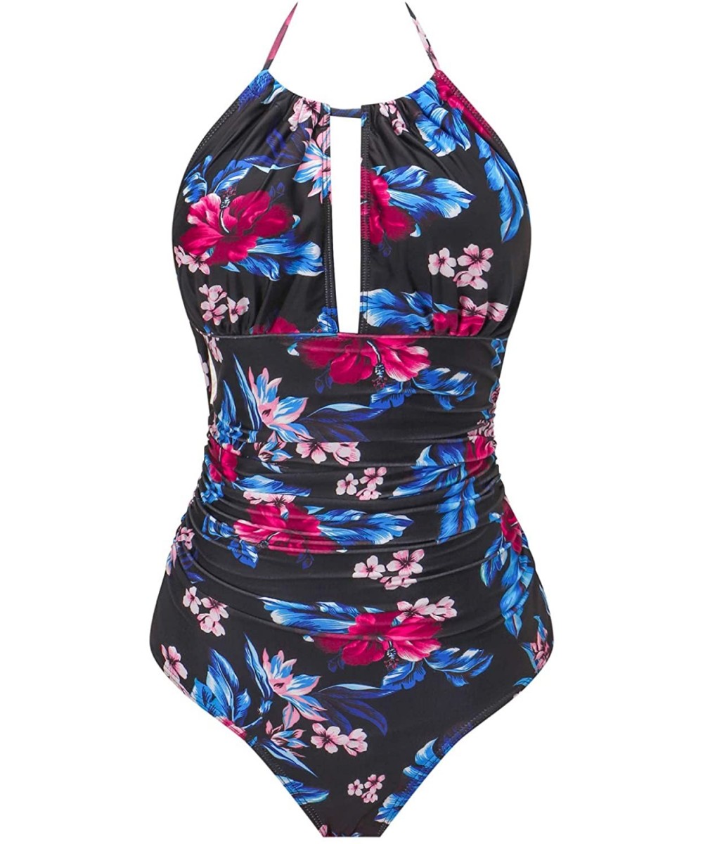 Womens One Piece Swimsuits Tummy Control Swimwear Backless Deep V Neck Halter Monokini Bathing Suits - Flower-10 - CZ18UXO3KE...