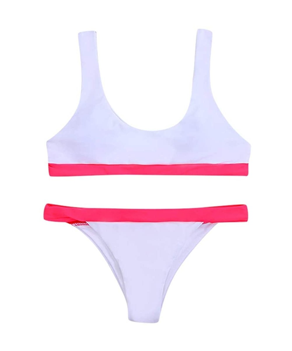 Women Sport Tank Bandeau Padded Top Swimsuit High Waisted High Cut Two Piece Stripe Contrast Bikini Set - Pink - CU194R7R2WH ...