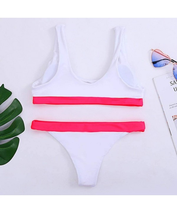 Women Sport Tank Bandeau Padded Top Swimsuit High Waisted High Cut Two Piece Stripe Contrast Bikini Set - Pink - CU194R7R2WH ...