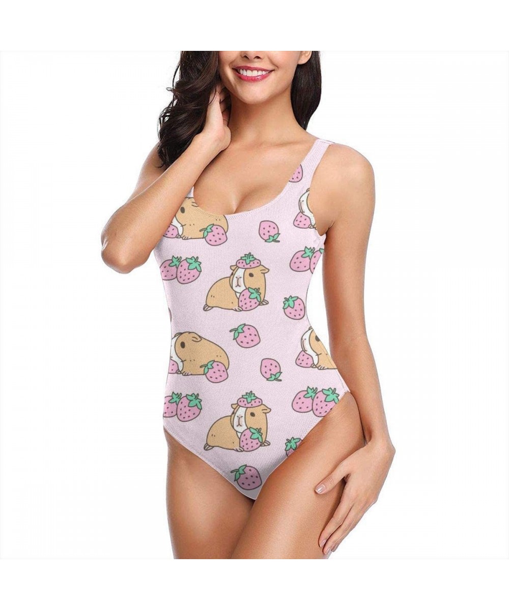 Pink Guinea Pig and Strawberries Women's Bikini One Piece Swimsuits Backless Swimwear Bathing Suit - White - C918WLA8KD3 $25....