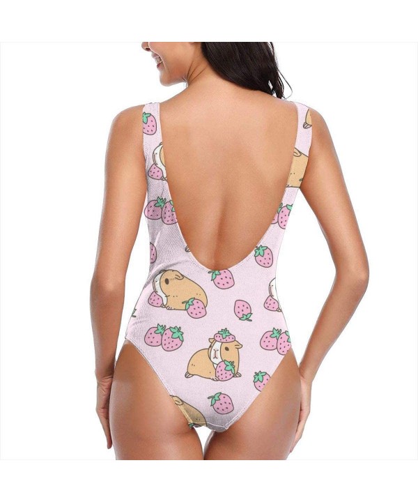 Pink Guinea Pig and Strawberries Women's Bikini One Piece Swimsuits Backless Swimwear Bathing Suit - White - C918WLA8KD3 $25....