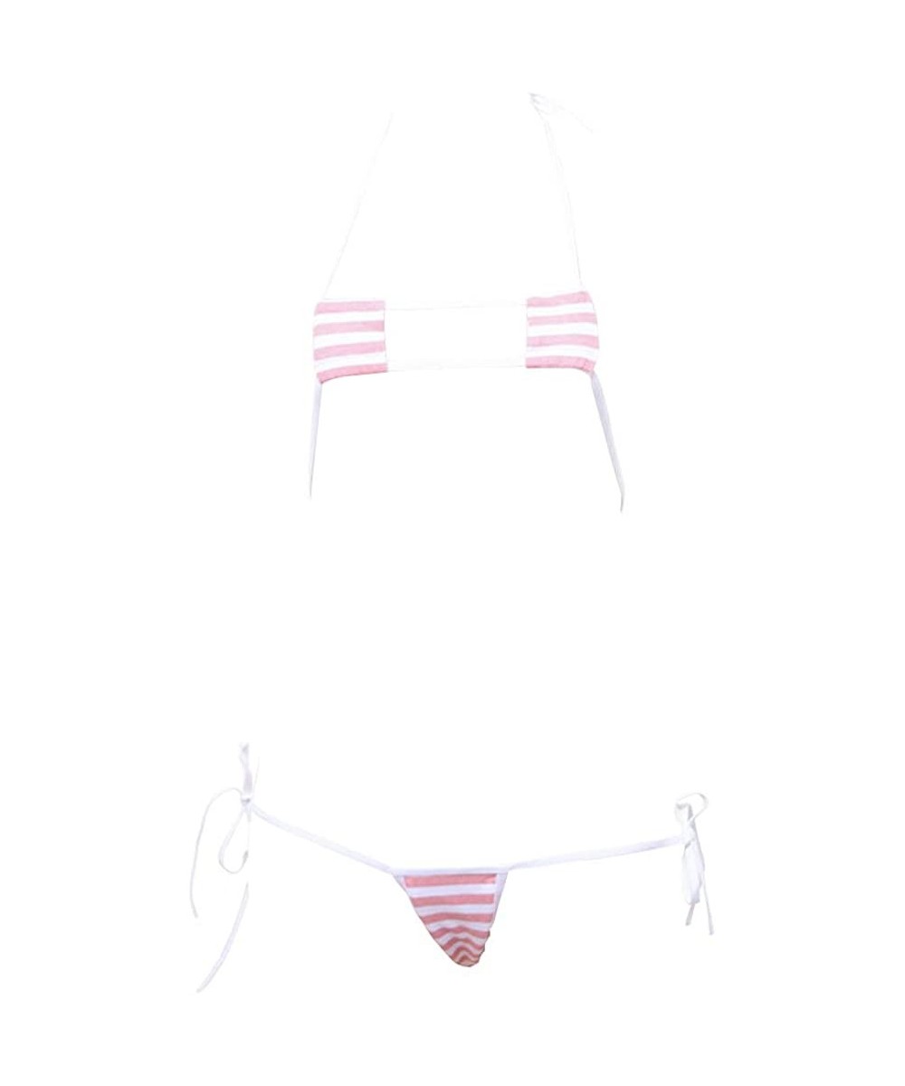 Womens Cosplay Costumes Lolita Striped Bikini Set Japanese Anime Lingerie - Pink - CO18EGHZ9YD $18.31-Sets