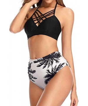 Women Cross Strappy Two Piece Swimsuit Halter High Waisted Floral Ruched Bottom Bikini Bathing Suit - White - CH1966TSGMZ $12...