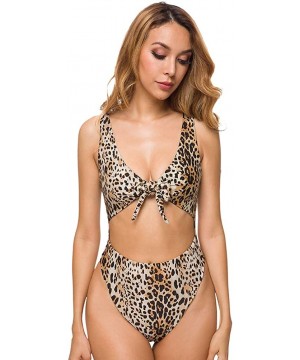 Women High Waisted Cut Out Thong One Piece Swimsuit Tie Front Bathing Suit Monokini - Leopard - CB18QWY9CZX $25.26-One-Pieces