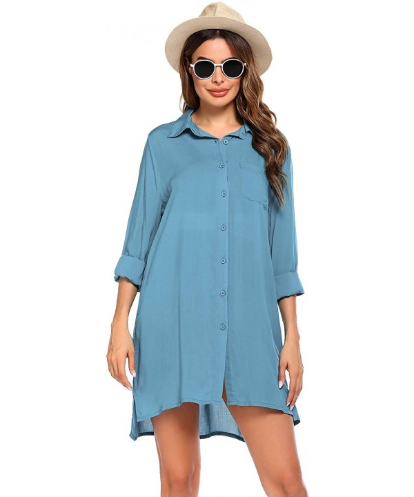 Women's Beach Bikini Cover-up Long Roll-up Sleeve Summer Covers - Blue - C719CMWXE2Z $16.85-Cover-Ups