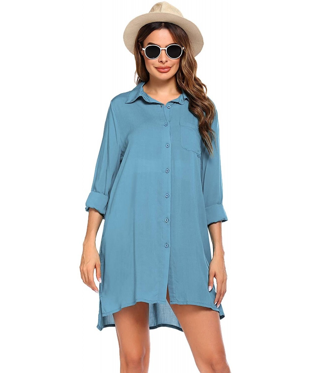 Women's Beach Bikini Cover-up Long Roll-up Sleeve Summer Covers - Blue - C719CMWXE2Z $16.85-Cover-Ups