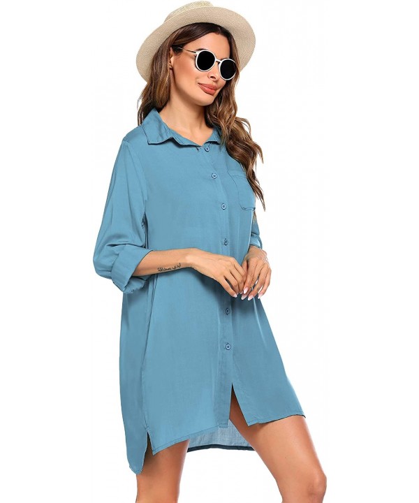 Women's Beach Bikini Cover-up Long Roll-up Sleeve Summer Covers - Blue - C719CMWXE2Z $16.85-Cover-Ups