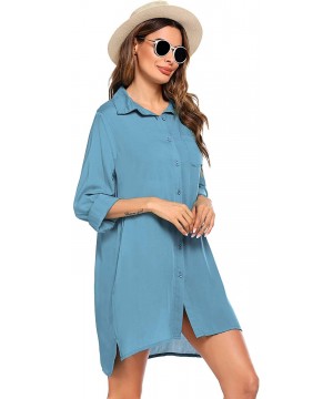 Women's Beach Bikini Cover-up Long Roll-up Sleeve Summer Covers - Blue - C719CMWXE2Z $16.85-Cover-Ups