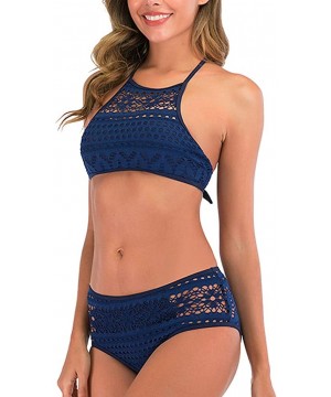 Women's Halter High Neck Two Pieces Swimwear Hollowed Crochet Swimsuit High Waisted Padding Bikini Set Bahing Suits - Blue - ...