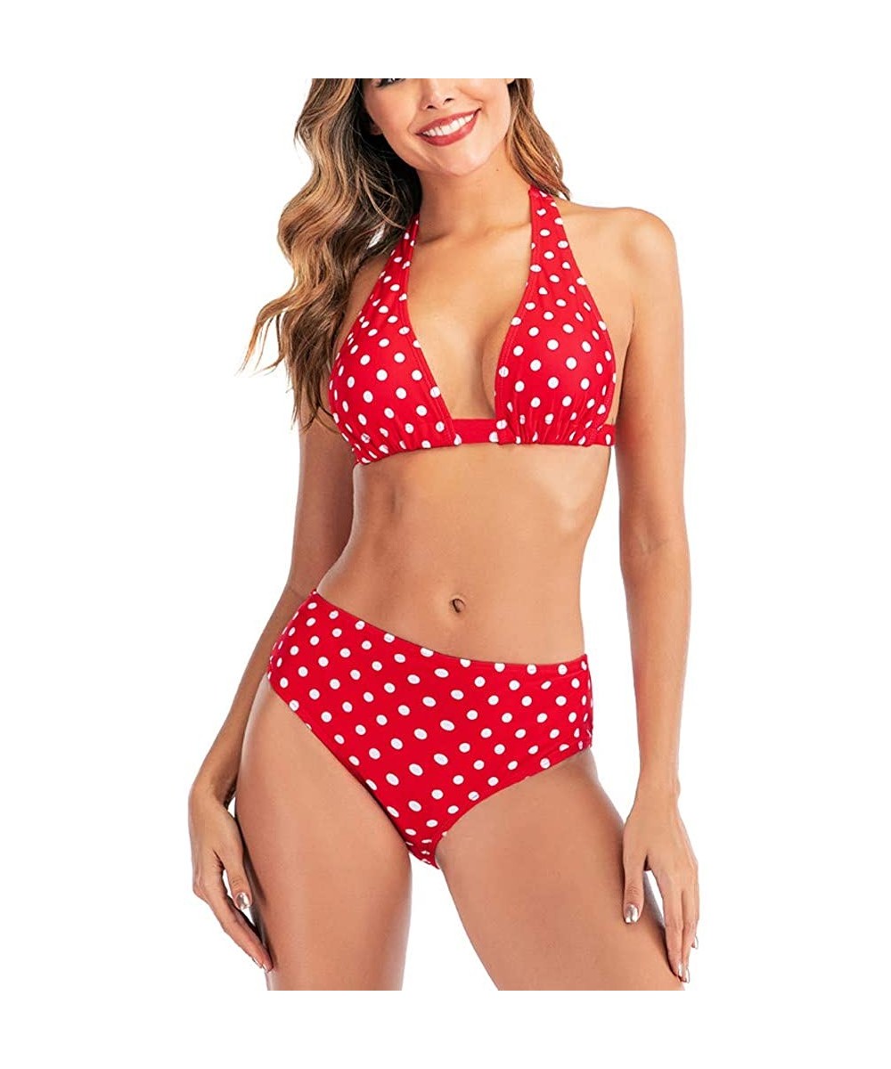 Women Fashion Dot Hight Waist Bikini Set Swimsuit Push-Up Swimwear Beachwear - Red - C1194Z6TKXL $12.99-Sets