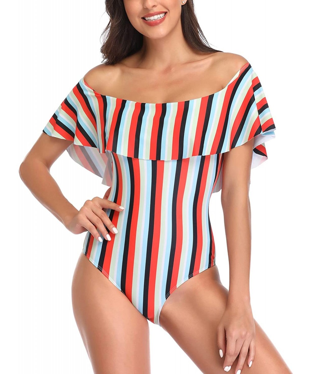 Women's Colorful Stripe One Piece Swimsuits One Shoulder Swimwear Asymmetric Ruffle Monokinis Bathing Suits Red & Black - C61...