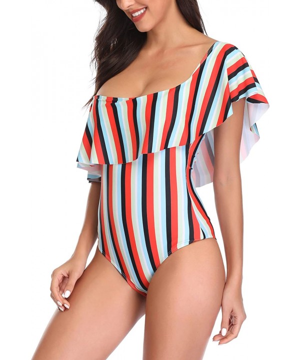 Women's Colorful Stripe One Piece Swimsuits One Shoulder Swimwear Asymmetric Ruffle Monokinis Bathing Suits Red & Black - C61...