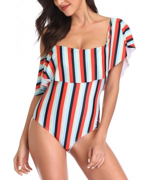 Women's Colorful Stripe One Piece Swimsuits One Shoulder Swimwear Asymmetric Ruffle Monokinis Bathing Suits Red & Black - C61...