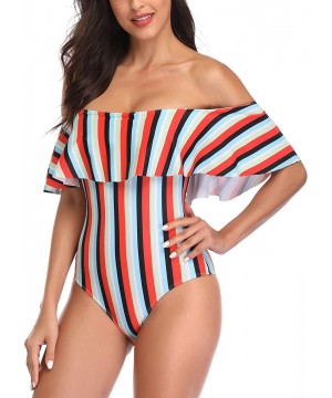 Women's Colorful Stripe One Piece Swimsuits One Shoulder Swimwear Asymmetric Ruffle Monokinis Bathing Suits Red & Black - C61...