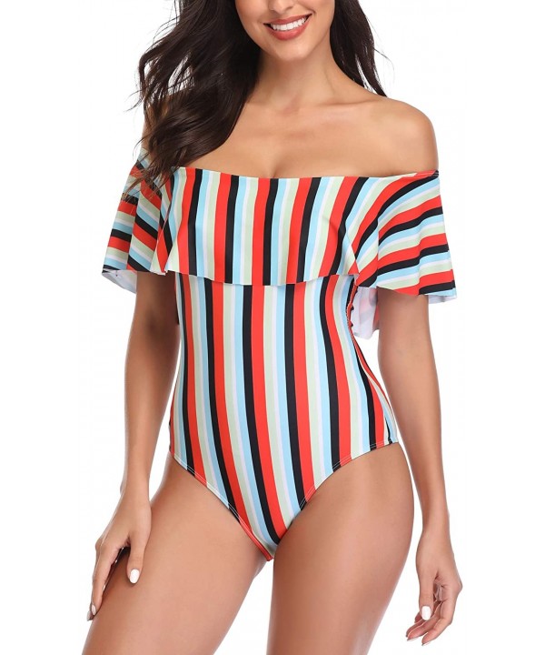 Women's Colorful Stripe One Piece Swimsuits One Shoulder Swimwear Asymmetric Ruffle Monokinis Bathing Suits Red & Black - C61...