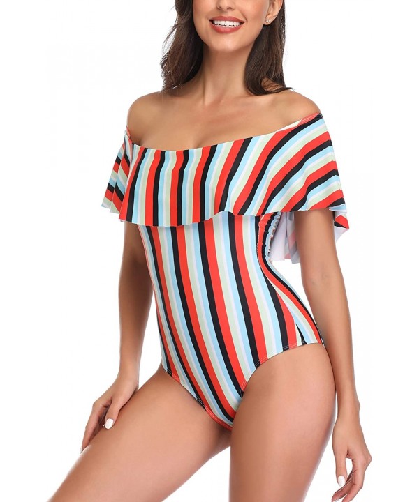 Women's Colorful Stripe One Piece Swimsuits One Shoulder Swimwear Asymmetric Ruffle Monokinis Bathing Suits Red & Black - C61...