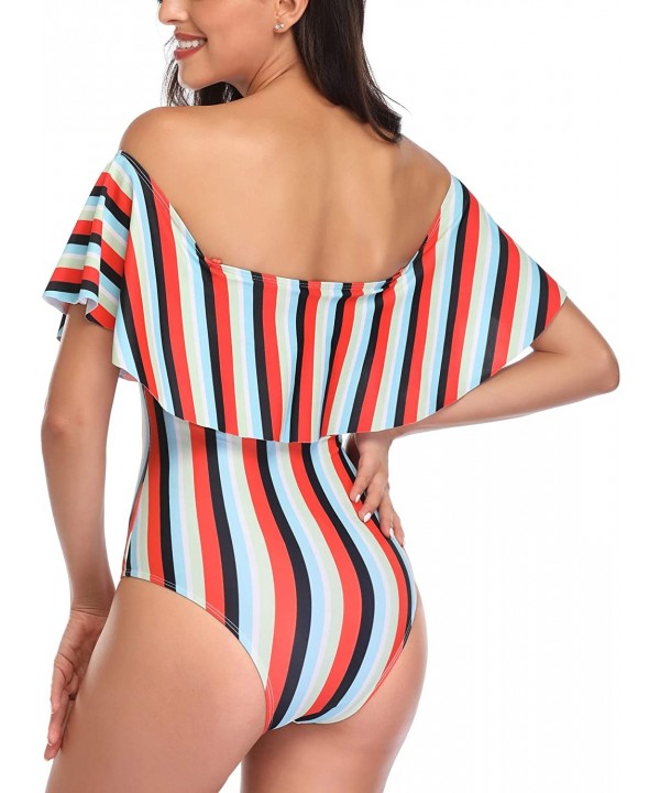 Women's Colorful Stripe One Piece Swimsuits One Shoulder Swimwear Asymmetric Ruffle Monokinis Bathing Suits Red & Black - C61...