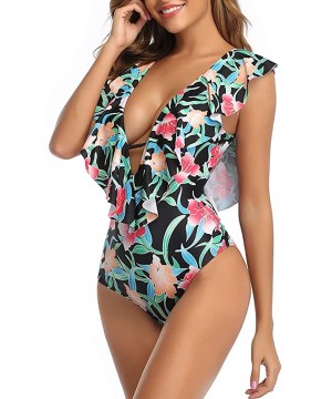 One Piece Swimsuit for Women Deep V Neck- Low Back Bathing Suits Halter Monokini Swimwear - Green2 - CN1930LDORW $20.33-One-P...