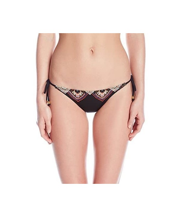 Women's Embroidered Tie-Side Bikini Bottom - Black - CT11TLB9ZNJ $24.03-Bottoms