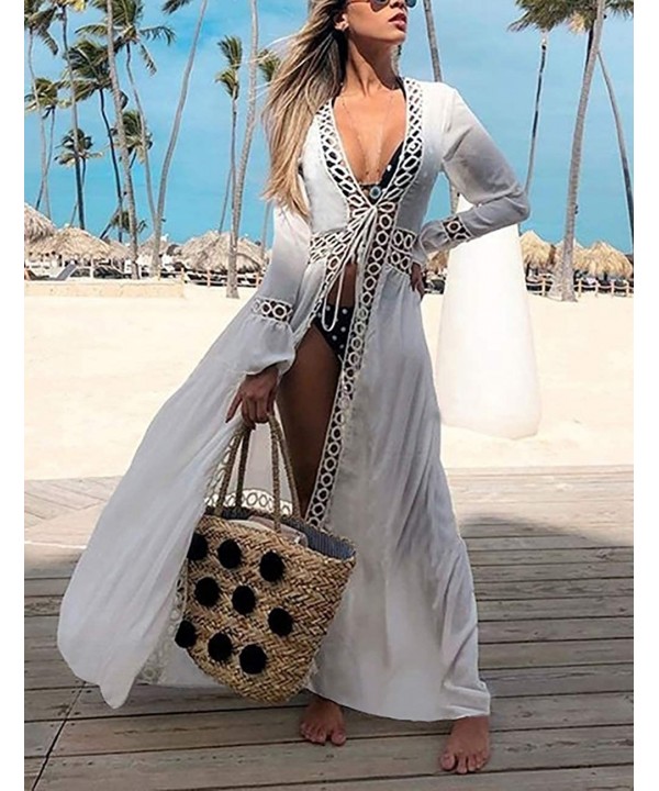 Women Sexy Lace Crochet Open Front Swimsuit Beach Long Kimono Cover Ups - White 2 - C318ARYC7QL $31.40-Cover-Ups