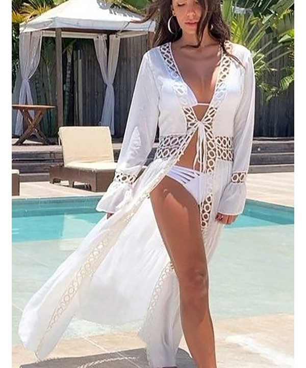 Women Sexy Lace Crochet Open Front Swimsuit Beach Long Kimono Cover Ups - White 2 - C318ARYC7QL $31.40-Cover-Ups