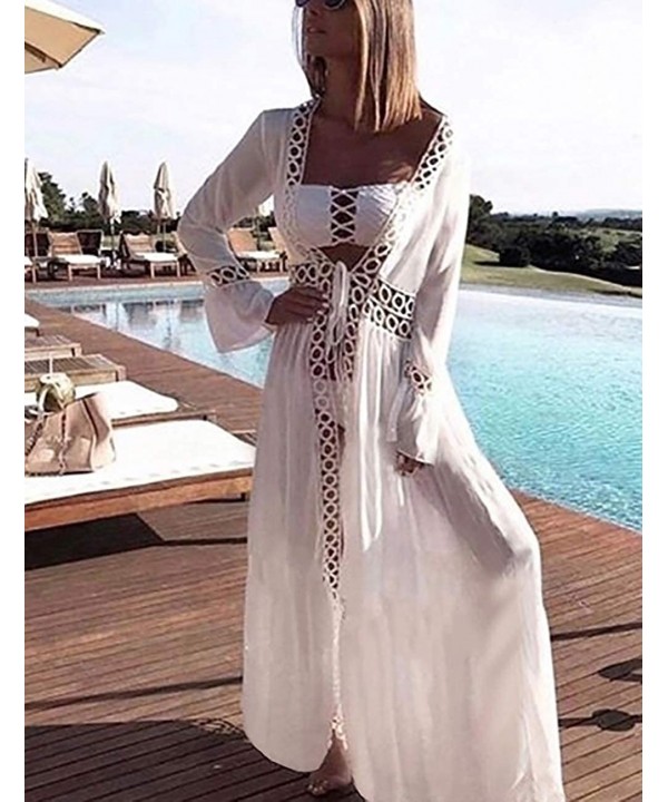 Women Sexy Lace Crochet Open Front Swimsuit Beach Long Kimono Cover Ups - White 2 - C318ARYC7QL $31.40-Cover-Ups