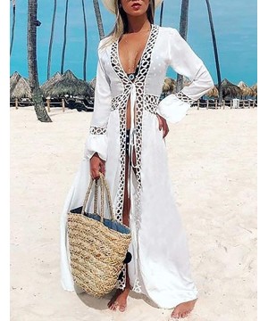 Women Sexy Lace Crochet Open Front Swimsuit Beach Long Kimono Cover Ups - White 2 - C318ARYC7QL $31.40-Cover-Ups