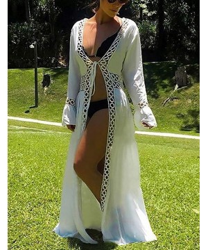 Women Sexy Lace Crochet Open Front Swimsuit Beach Long Kimono Cover Ups - White 2 - C318ARYC7QL $31.40-Cover-Ups