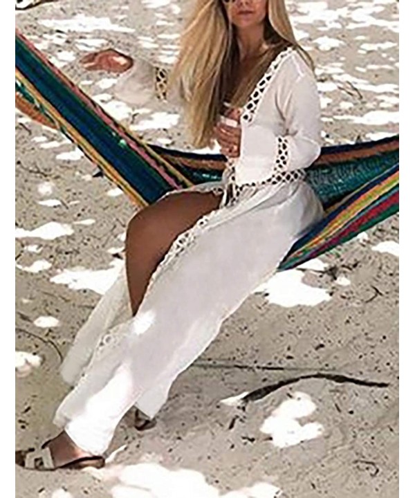 Women Sexy Lace Crochet Open Front Swimsuit Beach Long Kimono Cover Ups - White 2 - C318ARYC7QL $31.40-Cover-Ups