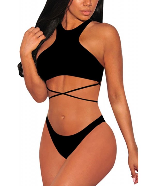 Women's Sexy High Neck Strappy Cheeky Bikini Swimsuit Bathing Suit - Black - CV18N0YWZ4O $20.64-Sets