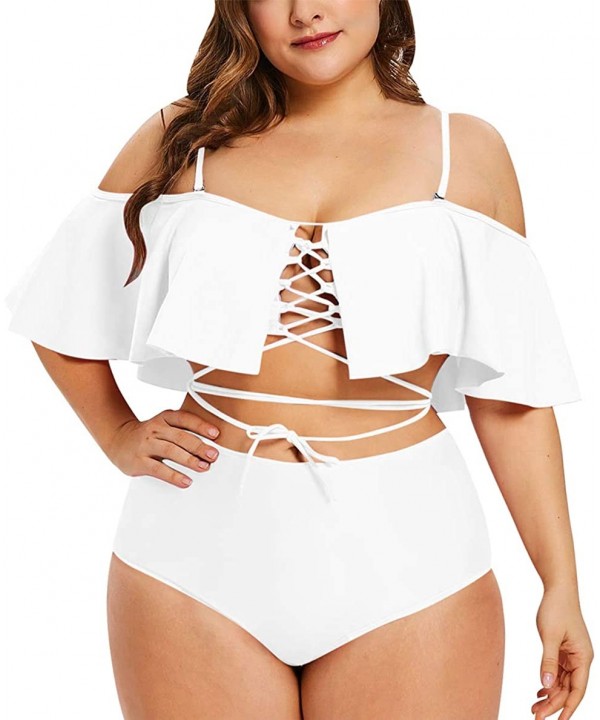 Women's Plus Size Swimwear 2 Piece Strappy Ruffle Bikini Swimsuit - White - CX195WNROEK $31.13-Sets