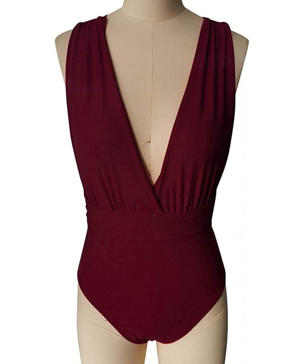 Womens One Piece Swimsuits Push Up Padded Bikini Deep V Self Tie Multiway Swimsuit Swimwear - Wine Red - CP196T58HKH $20.72-R...