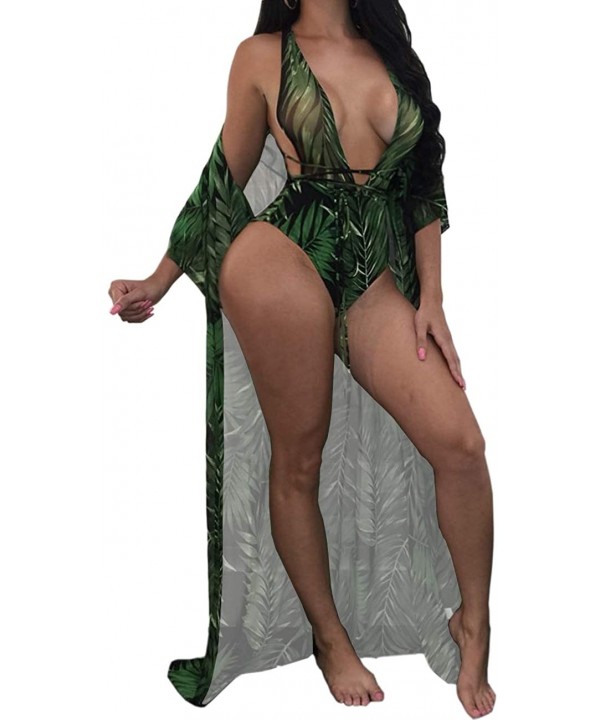 Sexy Printed Green 3 Piece V Neck Swimsuit Set Long Swimwear Cover up - Green - CE189O57WOD $35.19-Cover-Ups