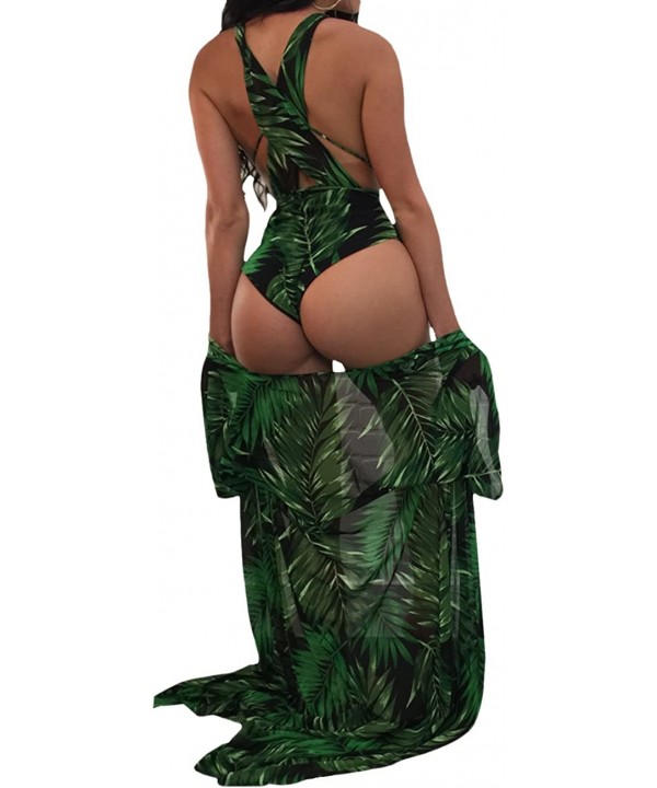 Sexy Printed Green 3 Piece V Neck Swimsuit Set Long Swimwear Cover up - Green - CE189O57WOD $35.19-Cover-Ups