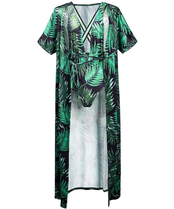 Sexy Printed Green 3 Piece V Neck Swimsuit Set Long Swimwear Cover up - Green - CE189O57WOD $35.19-Cover-Ups