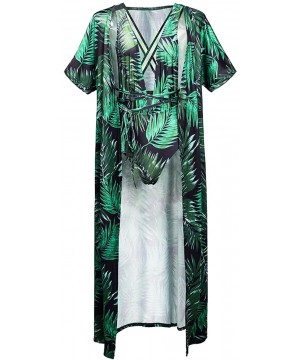 Sexy Printed Green 3 Piece V Neck Swimsuit Set Long Swimwear Cover up - Green - CE189O57WOD $35.19-Cover-Ups