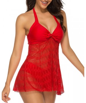 Women 2 Piece Halter Lace Crochet Fly Away Tankini Swimsuit - Red - CU194738DMC $27.57-Tankinis