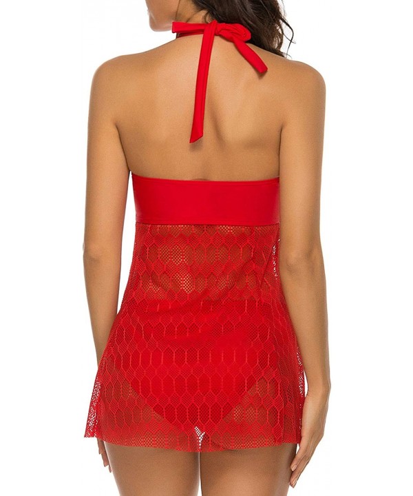 Women 2 Piece Halter Lace Crochet Fly Away Tankini Swimsuit - Red - CU194738DMC $27.57-Tankinis