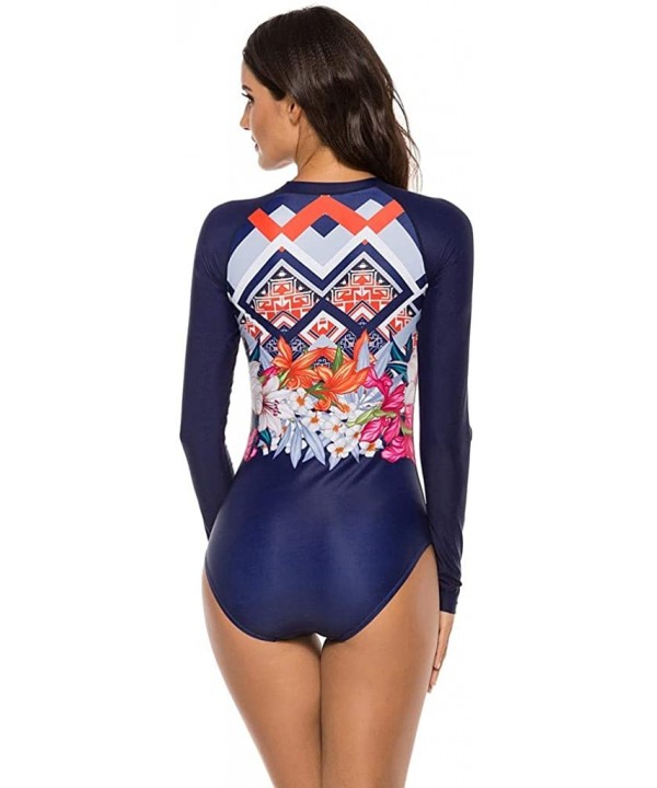 Women's Long Sleeve Floral Printed Zip Front Rashguard One Piece Swimsuit Sun Protection Surfing Swimwear - Navy - CR196DE398...