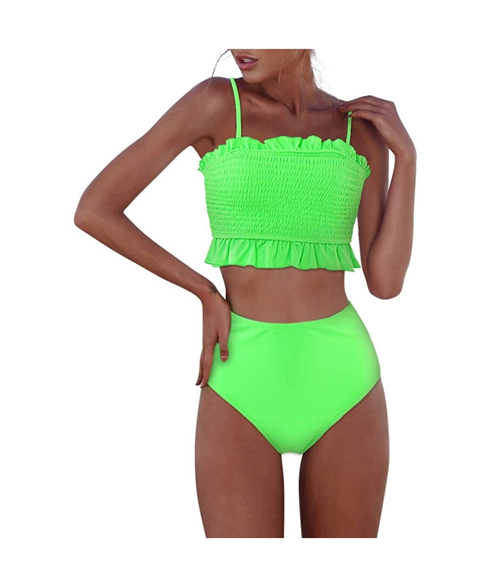 Womens Shirred Bandeau Bikini Cute Two Piece Swimsuit Off Shoulder High Waist Bathing Suit - Green - CL18WR8TH3C $23.53-Sets