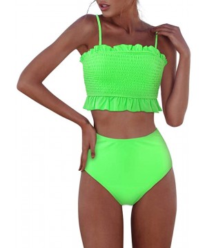 Womens Shirred Bandeau Bikini Cute Two Piece Swimsuit Off Shoulder High Waist Bathing Suit - Green - CL18WR8TH3C $23.53-Sets