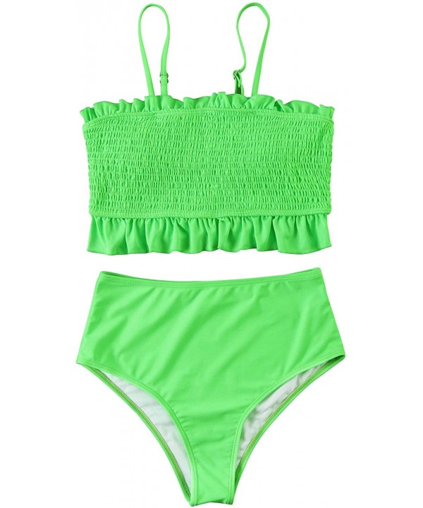 Womens Shirred Bandeau Bikini Cute Two Piece Swimsuit Off Shoulder High Waist Bathing Suit - Green - CL18WR8TH3C $23.53-Sets