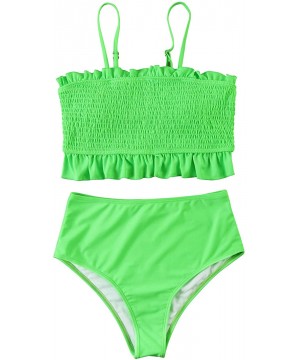 Womens Shirred Bandeau Bikini Cute Two Piece Swimsuit Off Shoulder High Waist Bathing Suit - Green - CL18WR8TH3C $23.53-Sets