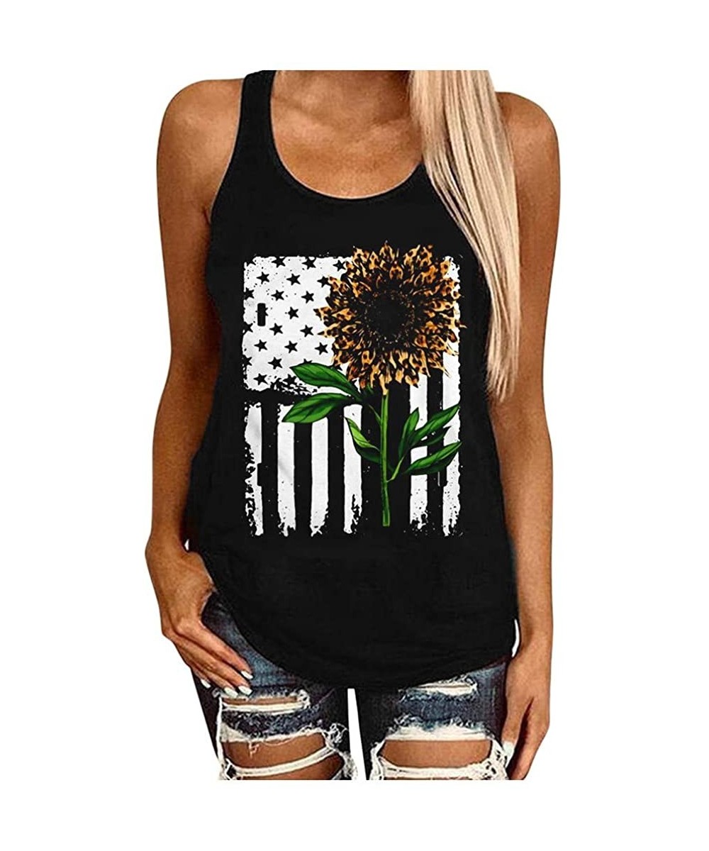 Womens Fashion 2020 Sunflower Print Sleeveless O Neck Loose Shirt Tops Tees for Summer - H - CQ190LE8227 $13.27-Rash Guards