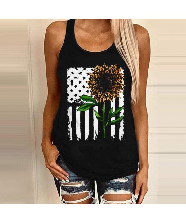 Womens Fashion 2020 Sunflower Print Sleeveless O Neck Loose Shirt Tops Tees for Summer - H - CQ190LE8227 $13.27-Rash Guards