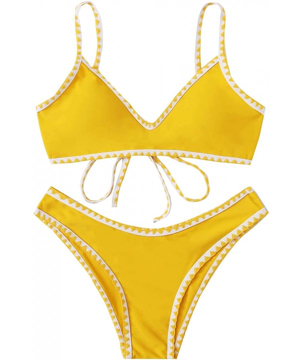 Women's Contrast Binding Tie Back Top with High Cut Throng Bikini Swimsuit - Yellow - CV196OQA4GE $19.69-Tops